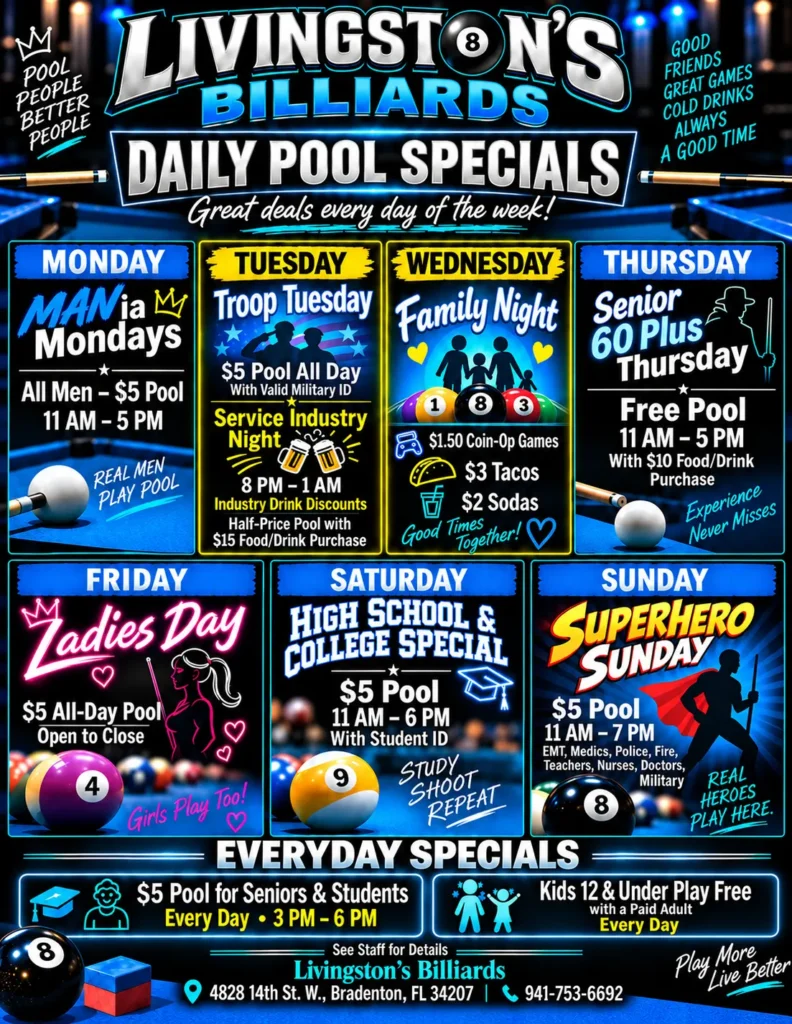 livingstonsbilliards daily pool specials